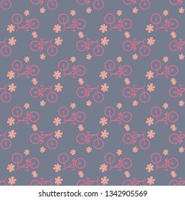 Seamless pattern with bicycle and flowers.