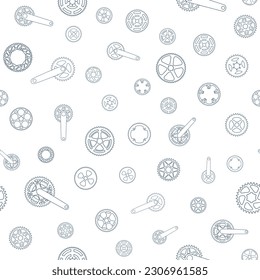 Seamless pattern of bicycle gears and cranks. Print of elements of a bike transmission in a linear doodle style. Continuing vector background isolated on white