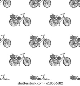 Seamless pattern, Bicycle hand drawn vector sketch, ink illustration old bike with floral basket isolated on white background, vintage decor texture for design invitation, greeting cards, advertising