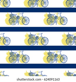 Seamless pattern, Bicycle hand drawn vector sketch, ink illustration old bike with floral basket, yellow silhouette, blue stripes isolated on white background, vintage texture for design textile
