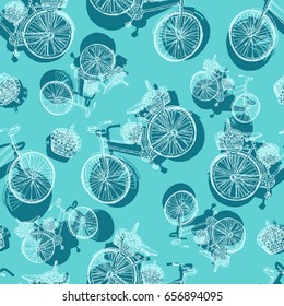 Seamless pattern, Bicycle hand drawn vector sketch, ink illustration old bike with floral basket isolated on blue background, vintage decor texture for design invitation, greeting card, wallpaper