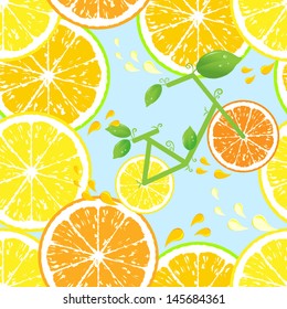 Seamless pattern of Bicycle of health with wheels from a lemon and an orange 