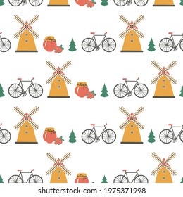 Seamless pattern bicycle, jar of berry jam, Windmill traditional rural wind energy isolated on background, mill farm power ecology watermill vector illustration, Alternative energy generation windmill