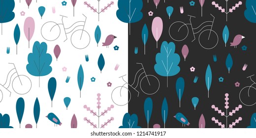 Seamless pattern with bicycle in park. Vector background with floral and plant elements. Energy saving theme background. Modern flat illustration. Can be use for wrapping, decor, printed products.