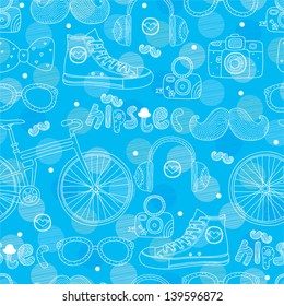 Seamless pattern with bicycles and accessories.