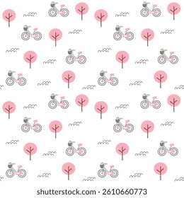 Seamless pattern of bicycles with flower-filled baskets and pink trees for spring wallpaper decoration.
