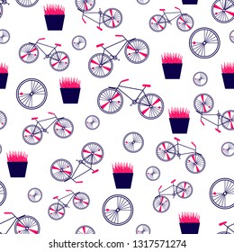 Seamless pattern with bicycles and flowers