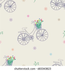 Seamless pattern. Bicycles, flowers with beautiful colors, in the basket. Use for backgrounds, wall paper, tile floor, fabric, books, plate and anything else that you want.