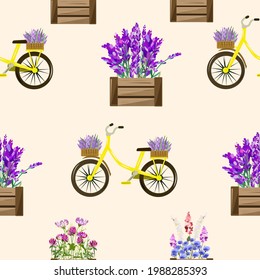 Patrón sin foco con bicicletas y flores de lavanda. sobre un fondo amarillo