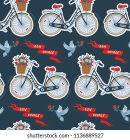 Seamless pattern with bicycles, pigeons, flowers and wishes BON VOYAGE