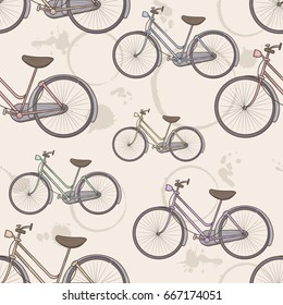 Seamless pattern with bicycles. Retro pattern with bicycles and stains from coffee