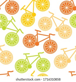 seamless pattern with bicycles. wheels in the form of slices of orange, lemon and other citrus. flat drawing on a white background. stock vector illustration. EPS 10.