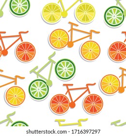 seamless pattern with bicycles. wheels in the form of slices of orange, lemon and other citrus. effect of figures cut out of paper. flat drawing on a white background. stock vector illustration.