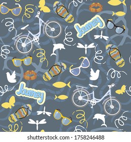 Seamless pattern with bicycle,summer clippers,sunglasses,hand lettering.