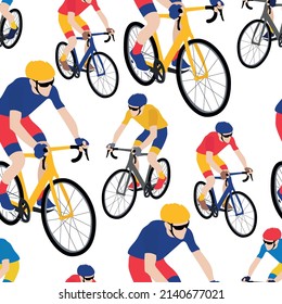 Seamless pattern with bicyclists. Cyclists bicycle racing. characters flat design style. 