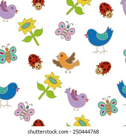 Seamless pattern with bids and sunflowers.