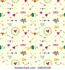 Seamless pattern with big bird, hearts, arrows and other holidays elements. Vector illustration.