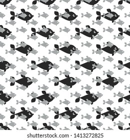 Seamless pattern with big black and small gray fishes