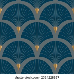 Seamless pattern with big blue fans on grey background. Vector illustration. Vintage print.