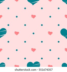 Seamless pattern with big blue hearts and small pink hearts on dotted blue background.
