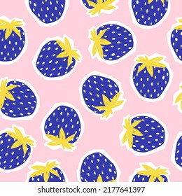 Seamless pattern with big blue strawberries. Childish berry print. Vector hand drawn illustration.