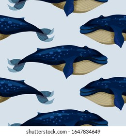 Seamless pattern with big blue whales. Vector.