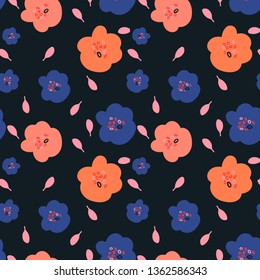 Seamless pattern with big bright flowers and leaves on dark background