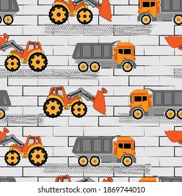 Seamless pattern with big cars. Orange tractor and machine on gray bricks.