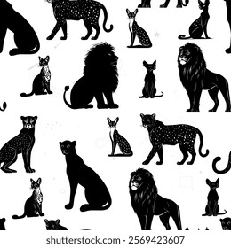 Seamless Pattern of Big Cats on Gray Background. Silhouettes of Lions, Leopards, and Wild Cats Design. Mystical Big Cat Pattern with Stars and Geometric Shapes