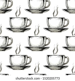 Seamless pattern with big ceramic cup in vintage engraved style on white background. 
