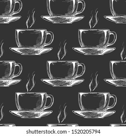 Seamless pattern with big ceramic cup in vintage engraved style 