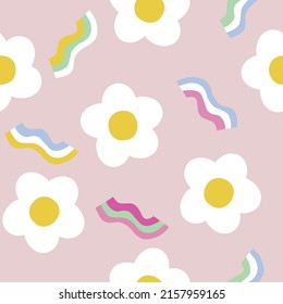 Seamless pattern with big chamomiles and rainbows. Cute childish summer print. Vector hand drawn illustration.