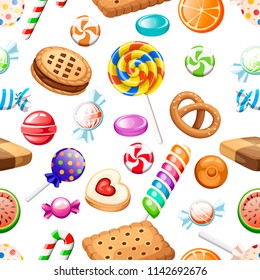 Seamless pattern. Big collection of different cartoon style candies and cookies. Wrapped and not lollipops, cane. Cute glossy sweets. Flat colorful icons. Vector illustration on white background.