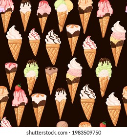Seamless pattern Big collection ice cream cones with different fillings vector illustration on dark background