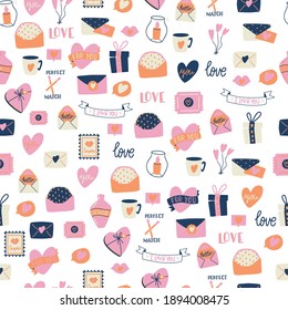 Seamless pattern with big collection of love objects and symbols for Happy Valentine's day. Colorful flat illustration.