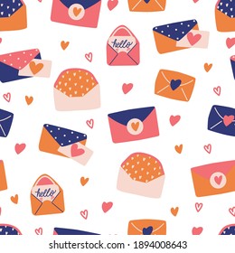 Seamless pattern with big collection of love letters and symbols for Happy Valentine's day. Colorful flat illustration.