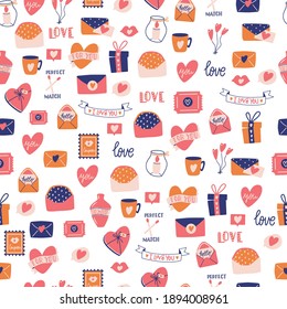 Seamless pattern with big collection of love objects and symbols for Happy Valentine's day. Colorful flat illustration.