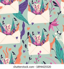 Seamless pattern with big collection of love letters and symbols for Happy Valentine's day. Colorful flat illustration.