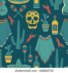 Seamless pattern with big collection of mexican symbols, hand drawn background. Colorful backdrop with mexico icon and culture icon set vector. Mexican party, wallpaper design