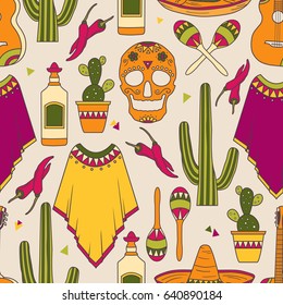 Seamless pattern with big collection of mexican symbols, hand drawn background. Colorful backdrop with mexico icon and culture icon set vector. Mexican party, decorative wallpaper design