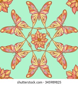 seamless pattern of big colorful butterflies forming mandala shapes
