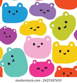 Nahtloses Muster des großen niedlichen Teddybären Gesicht bunt auf weißem Hintergrund.Wild Tier Charakter Cartoon Design.Baby Kleidung.Kawaii.Vector.Illustration.