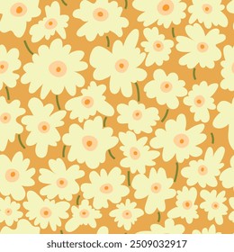 Seamless pattern with big daisies on yellow background. Floral illustration for wrapping paper, wallpaper, fabric, clothes