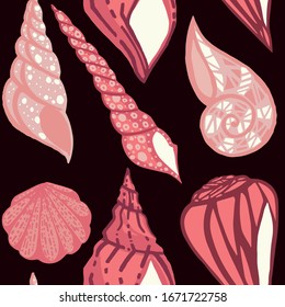 Seamless pattern big different seashell collection red tropical shells flat vector illustration on white background