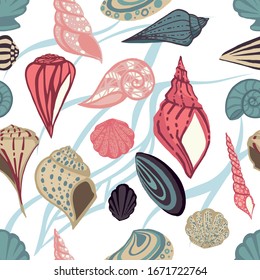 Seamless pattern big different seashell collection colored tropical shells flat vector illustration on white background
