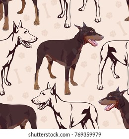 Seamless pattern with a big dog, Doberman pinscher, tracks and bones.