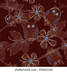 Seamless pattern of big eyed owls family on tree at night 