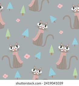 seamless pattern of big eyes cat with striped scarf ,flower and mini tree ,vector ,illustration