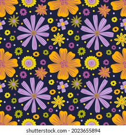 Seamless pattern big flower hippie style.Fashion print of textile.Vintage floral design 1960-1970.Vector illustration.