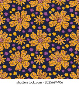 Seamless pattern big flower hippie style.Fashion print of textile.Vintage floral design 1960-1970.Vector illustration.